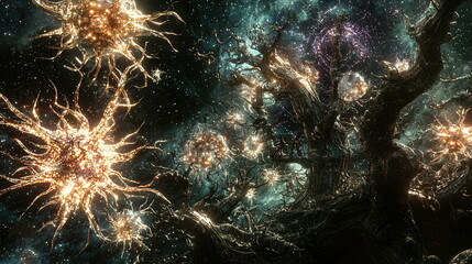 Fototapeta premium Galactic forest with luminous organic structures floating in dark space, surrounded by swirling cosmic elements and radiant stars illuminating the scene.