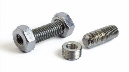 A collection of metal fasteners including a bolt and nuts.