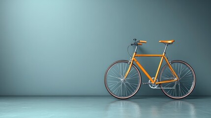 Fototapeta premium Orange Bicycle Leans Against Teal Wall in Empty Room