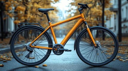 Orange bicycle parked autumn city street