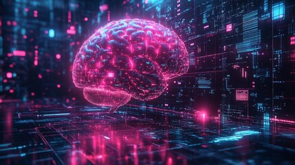 Futuristic digital brain in neon cyber network environment