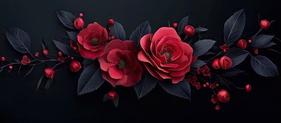 Elegant dark floral composition featuring vibrant red roses surrounded by deep green leaves and small red berries against a black background.
