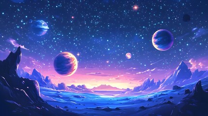 Naklejka premium Colorful pixelated space scene featuring multiple planets and a starry background in a digital universe