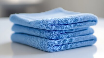 A fresh stack of folded microfiber cloths sitting on a clean white surface.