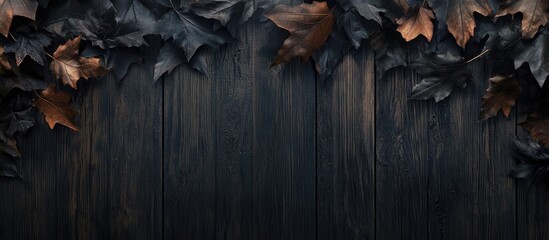 Dark leaves in shades of black and brown arranged at the top against a textured dark wooden background creating a spooky atmospheric Halloween feel