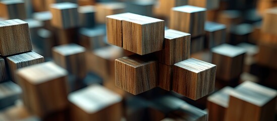 Close-up of various wooden blocks in a dynamic arrangement highlighting depth and texture, symbolizing growth and strategic building in business.