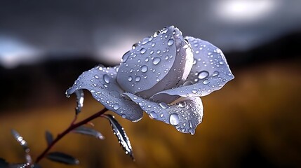 Close-up of a white rose adorned with water droplets against a blurred natural background