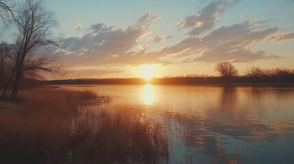 Obraz premium Sunset river landscape, golden hour, calm water, reeds, trees