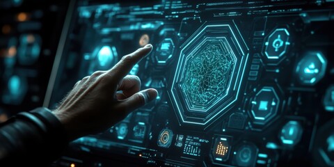Fototapeta premium Futuristic hand interacting with digital interface, advanced technology concept, data visualization, user interaction in high-tech environment, holographic display