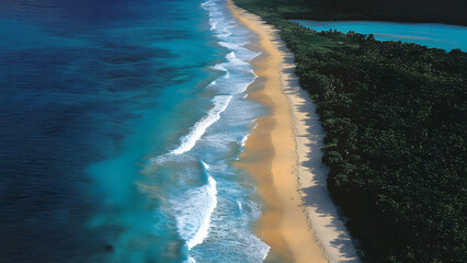 Aerial view of a serene coastline featuring golden sand beach bordered by lush green vegetation. Gentle waves lap against the shore, creating a peaceful tropical paradise.