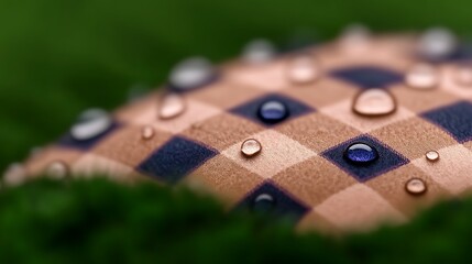 Close-up of a wooden surface with a checkered pattern, adorned with water droplets on lush green grass