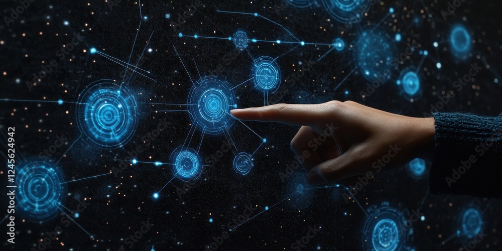 Poster futuristic hand interaction with glowing digital interface showcasing interconnected nodes and data 