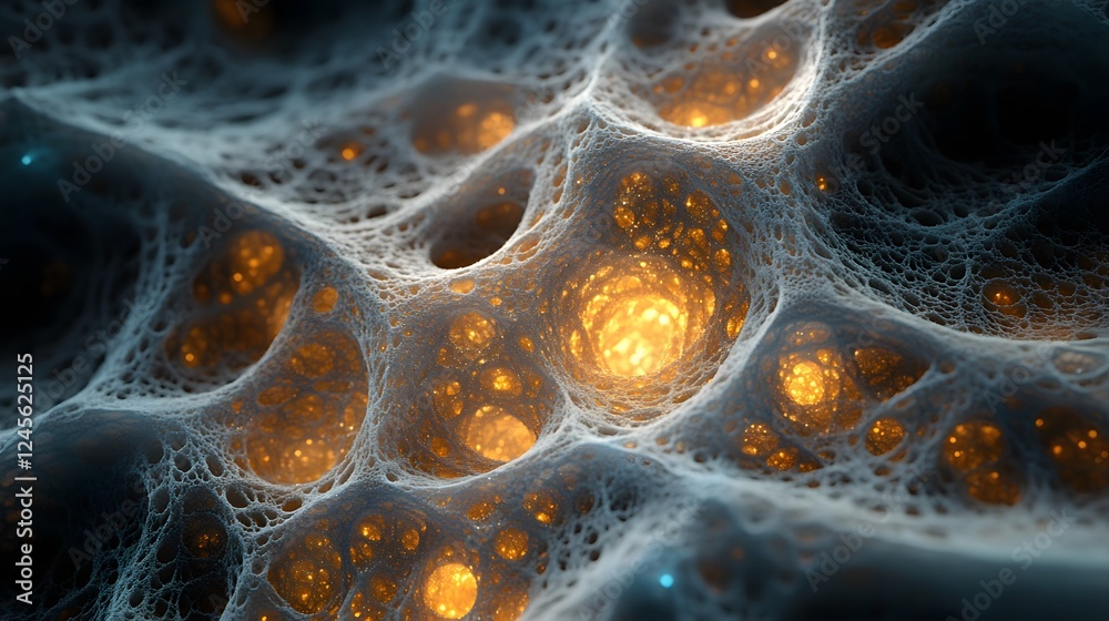 Poster close up of cosmic structures with yellow light displaying intricate patterns and details