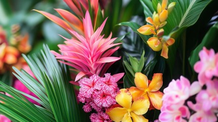 Vibrant Tropical Flower Arrangement with Bromeliad and Orchids