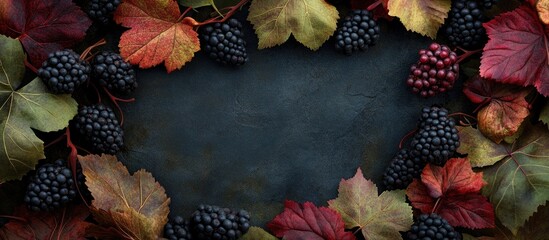 Autumn frame design with vibrant red and green grape leaves and dark blackberries arranged around a dark textured background. Perfect for seasonal decor.