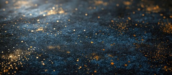 Festive blue and gold confetti stars scattered across a dark textured background create a vibrant and celebratory atmosphere for events.