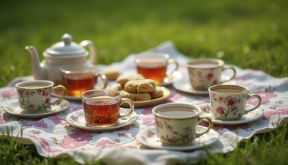 Sunlit Picnic Blanket With Tea Set And Plate Of Cookies On Vibrant Green Grass