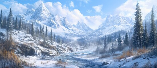 Fototapeta premium Majestic snowy mountains with vibrant evergreen trees in the foreground, showcasing pristine slopes and a serene landscape under a blue sky.