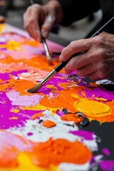 Naklejka premium Hands Mixing Vibrant Acrylic Paints On Canvas