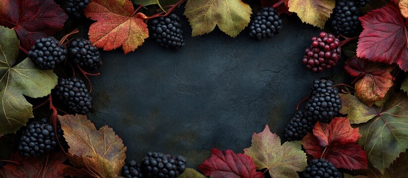 Autumn frame design with vibrant red and green grape leaves and dark blackberries arranged around a dark textured background. Perfect for seasonal decor.