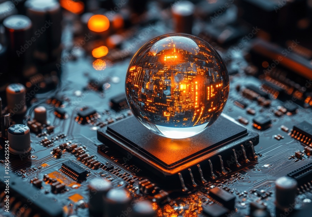 Poster futuristic high-tech circuit board with reflective glass sphere displaying complex digital patterns 