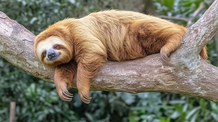 Fototapeta premium Relaxed sloth lounging on branch, rainforest background, wildlife photography
