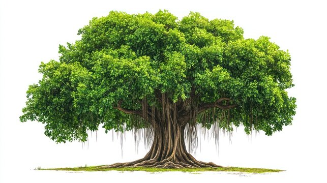 Lush green banyan tree isolated on white; nature background; environmental design