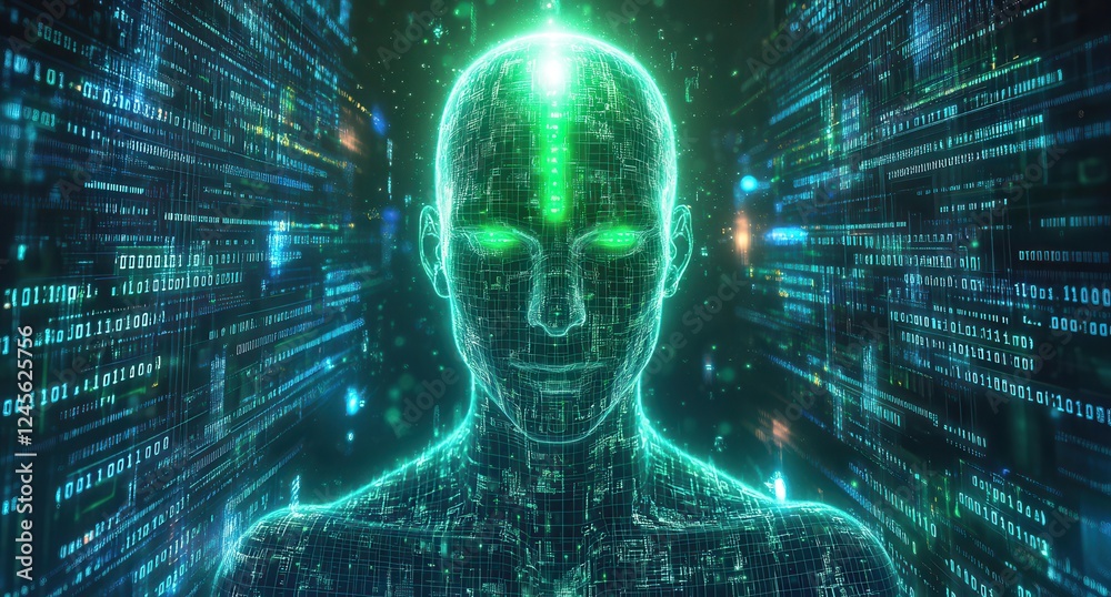 Poster futuristic human figure surrounded by neon data streams and binary code representing digital technol