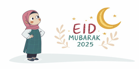 Cute cartoon character, young Muslim girl, hijab, teal dress, pink headscarf, greeting pose, Eid Mubarak 2025 text