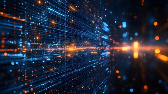 Data-driven space imagery displayed on multiple screens with lights and lines against a dark background