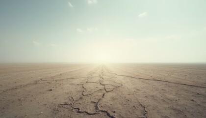 Fototapeta premium Dry Cracked Desert Landscape Under Pale Blue Sky With Soft Golden Light At Sunset