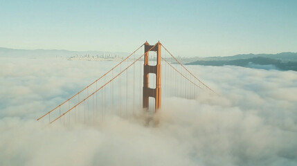 Fototapeta premium The iconic Golden Gate Bridge appears to float above the thick morning fog, with only the towers rising above the white clouds, Ai generated images