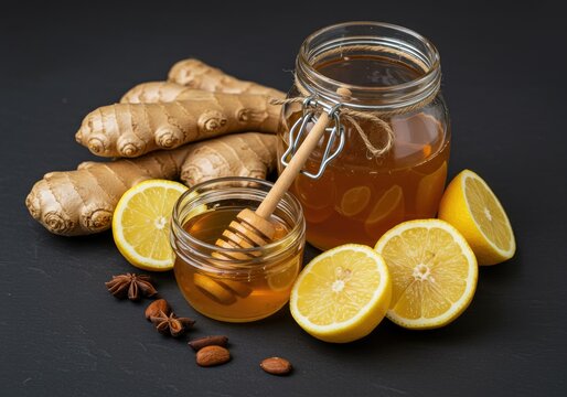 top view homemade honey with ginger and lemon