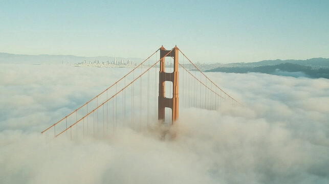 The iconic Golden Gate Bridge appears to float above the thick morning fog, with only the towers rising above the white clouds, Ai generated images