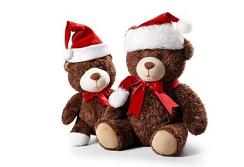 The teddy bear wears a Christmas hat and a chocolate Santa