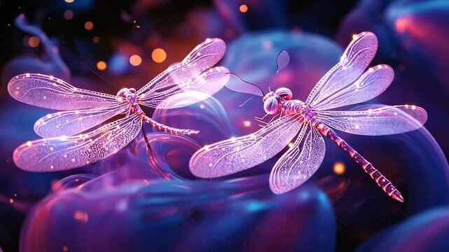 Glowing dragonflies dance amidst cosmic nebula