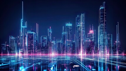 Fototapeta premium Futuristic city skyline at night, illuminated by neon lights and advanced technology