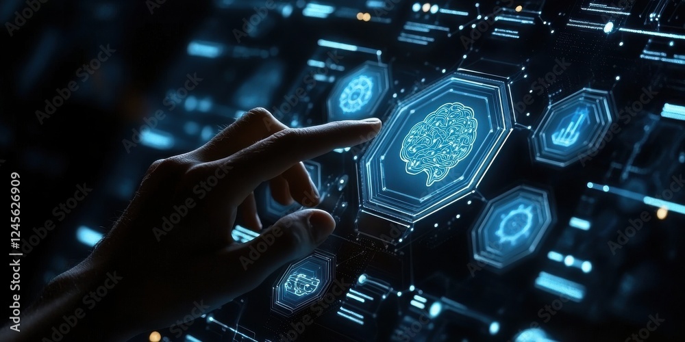 Aufkleber futuristic interface displaying brain analysis with hand interaction, technology innovation concept,