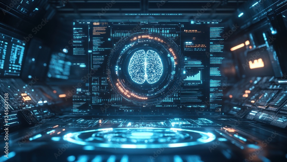 Poster futuristic interface displaying digital brain visualization with data analytics and technology eleme