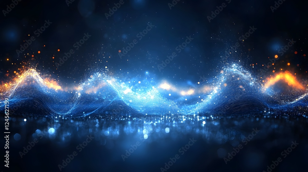 Wall mural abstract blue background with glowing lights and cosmic resonance depicting sound waves and patterns