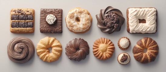 Fototapeta premium Assorted cookies displayed on a beige background with various flavors and textures, including swirls, rings, and squares, highlighting their delectable appeal.