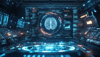 Obraz premium Futuristic Interface Displaying Digital Brain Visualization with Data Analytics and Technology Elements in a Sci-Fi Environment