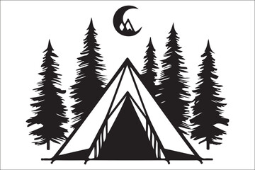 Obraz premium Scenic Mountain Landscape with Camping Silhouettes Vector Art