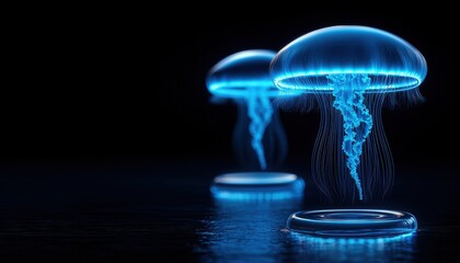 Bioluminescent jellyfish gliding gracefully through dark water, showcasing their ethereal glow and delicate forms.