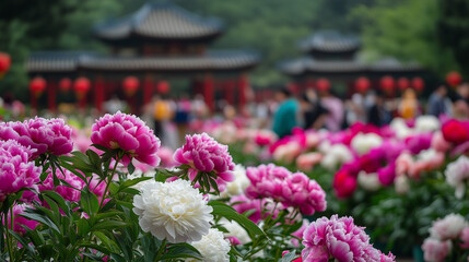 Obraz premium The lively Luoyang Peony Festival with a garden full of pink, white and purple peonies in full bloom, visitors wearing traditional Chinese clothes walking among the flowers, Ai generated images
