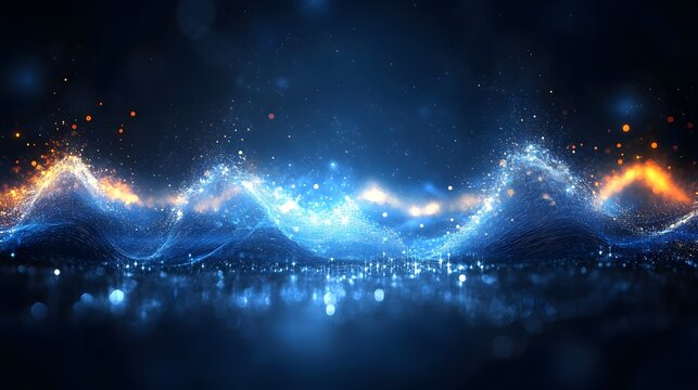 Abstract blue background with glowing lights and cosmic resonance depicting sound waves and patterns