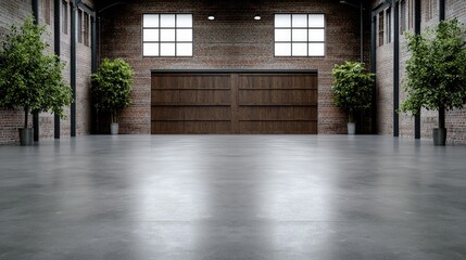 Fototapeta premium Industrial loft interior, large doors, plants, concrete floor