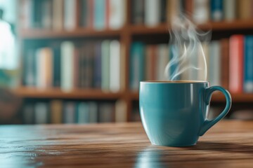 Fototapeta premium Steaming Coffee Cup in a Study Setting, Representing Focus, Learning, and Productivity, Ideal for Study and Motivation-Themed Designs