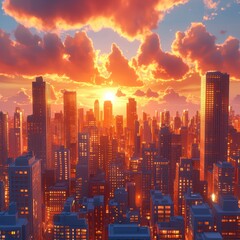 Obraz premium City skyline with a bright orange sun in the sky