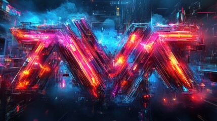 Obraz premium Futuristic neon logo city backdrop design